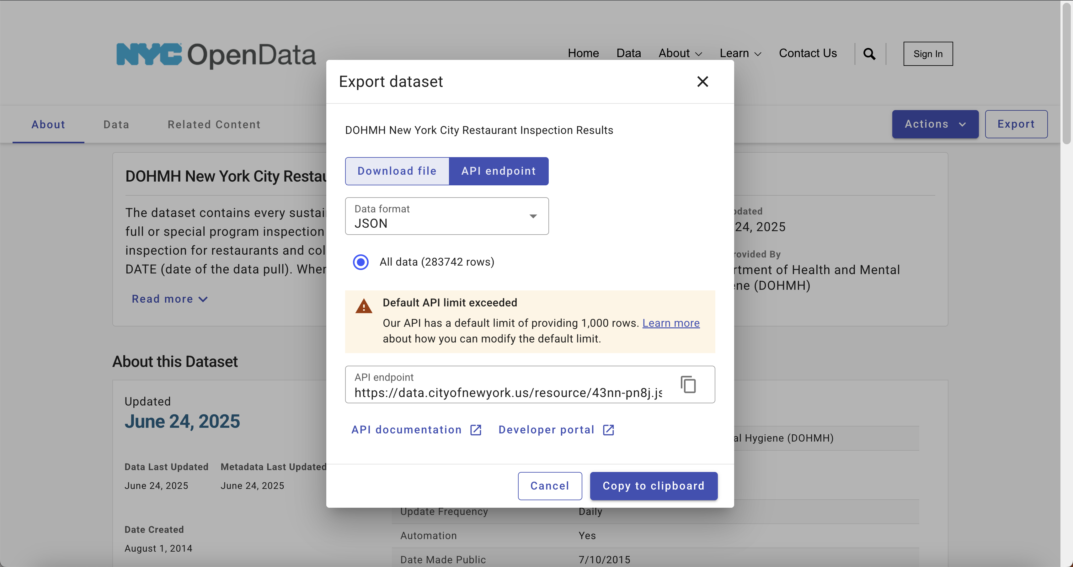 DOHMH Restaurants API page